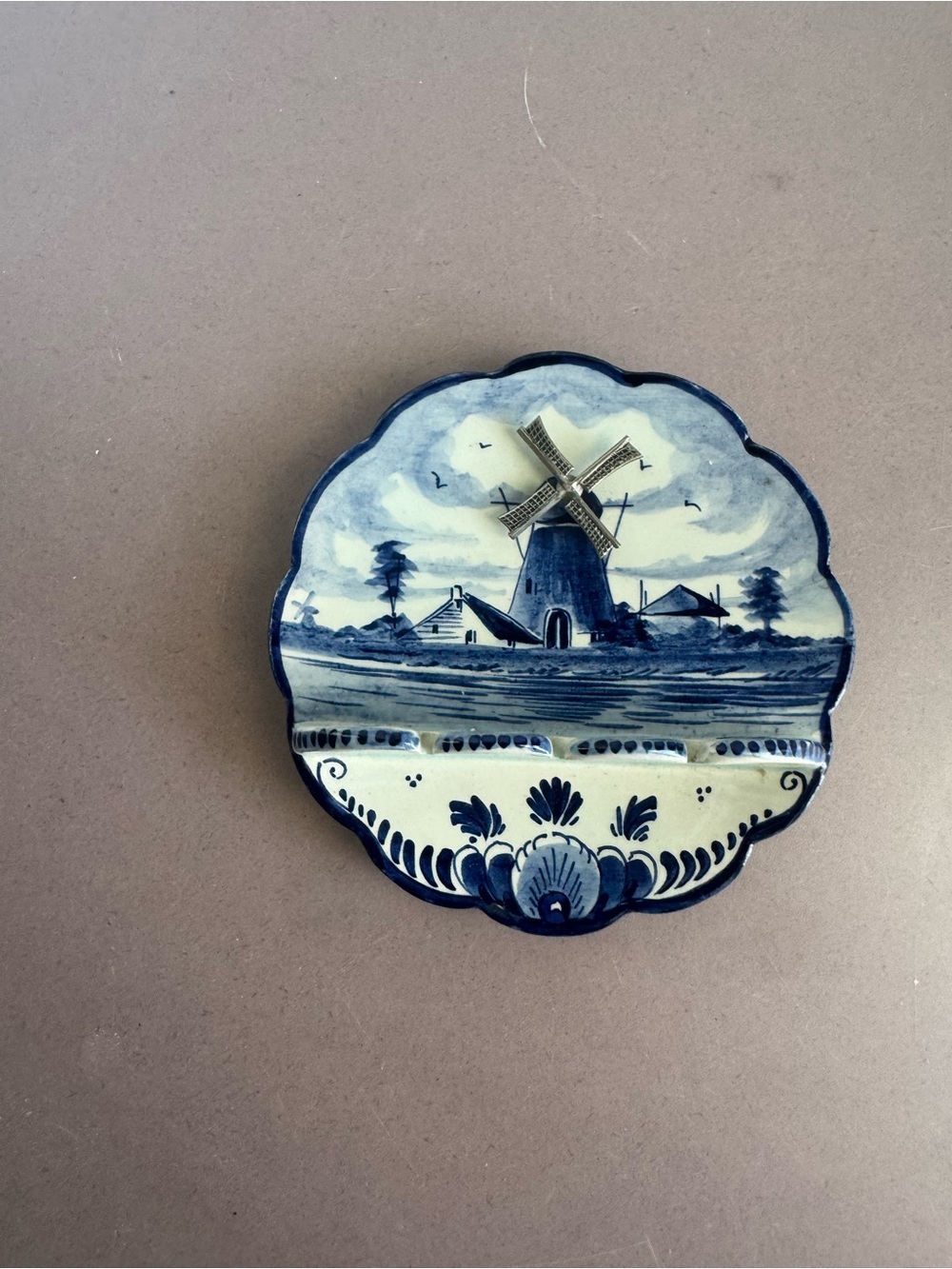 Blue and White Delft-Style Ceramic Windmill Wall Plaque